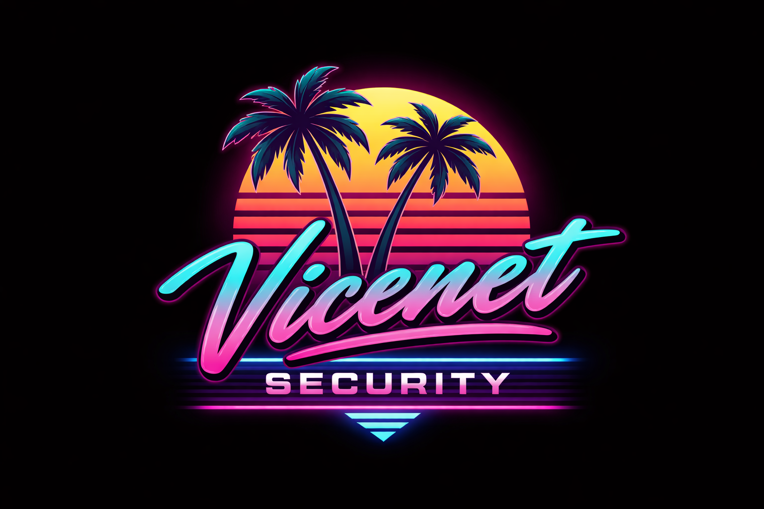 Vicenet Security logo with neon Miami Vice style, palm trees, and sunset